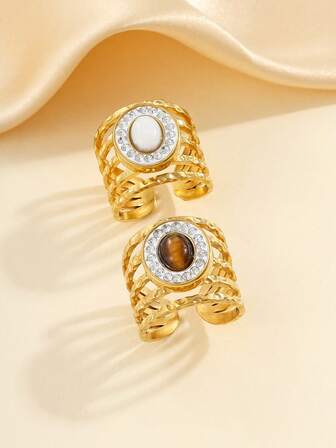 2pcs Stainless Steel Vintage Gold-Tone Open Ring Set, Inlaid With White And Brown Gemstones, Suitable For Women's Daily Wear Or Gift