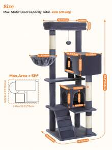 PAWZ Road Cat Tree For Large Cats With Extra-Large Top Platform, [56.3"=143cm] Tower For Indoor Cats With Hammock And Sleeping Bag, Cat Shelves With Scratching Posts And 2 Houses - Màu xám đen - Xem 3