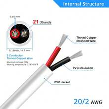 Cable eléctrico de calibre 20 y 2 conductores, 5 metros de cable de PVC trenzado blanco de bajo voltaje 20/2, cable de alimentación de 2 cables de cobre estañado de 20 AWG para iluminación - 22 AWG-3C - Ver 10