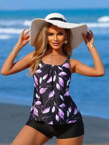 Women's Casual Round Neck Camisole Swimsuit, Featuring Ruched Bust, Open Back Design, Paired With Leaf Print Top And Shorts For Elegant Swimwear Look - Black - View 2