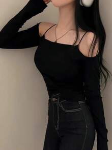 Sexy Off-Shoulder 2 In 1 Long Sleeve Camisole T-Shirt, Ruched Fitted Slim Solid Casual Top For Women, Autumn - Black - View 3
