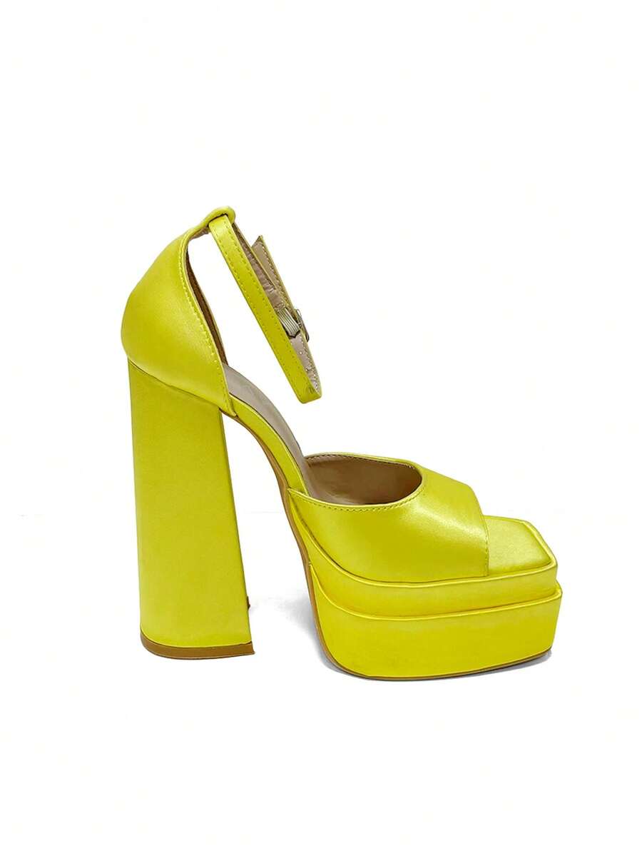 Women's Buckle Design Fashion High Heel Thick Sole Sandals, Suitable For Party And Wedding - Yellow - View 1