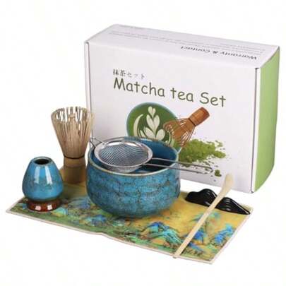 7 Pcs Matcha Whisk Set Blue Ceramic Matcha Set Includes Matcha Bowl Matcha Whisk And Holder Bamboo Scoop Scoop Rest Stainless Steel Sifter And Tea Towel -Matcha Kit Gift Sapphire