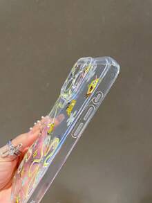 1pc Transparent Space Case With Full Screen Cartoon Line Flower Hamburger Spongebob Pattern Shock-Proof Phone Case Cover Suitable Compatible With Samsung/Apple 17/16/15/14/13/12/11Pro Max/12Pro/14Plus And Other Models - Multicolor - View 3