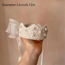 1pc Princess Birthday Crown, Decorated With Pearls And Lace Trim, Adjustable Satin Bow And Pearl Accents Headband - Elegant Headpiece, Suitable For Weddings, Galas, Pageants. Hand Wash Only, Ideal Holiday Headpiece For Christmas, New Year, Valentine's Day And Party Events