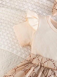 3pcs/Set Cute Bow Print Baby Girl Bodysuit With Headband And Socks, Daily Outfit