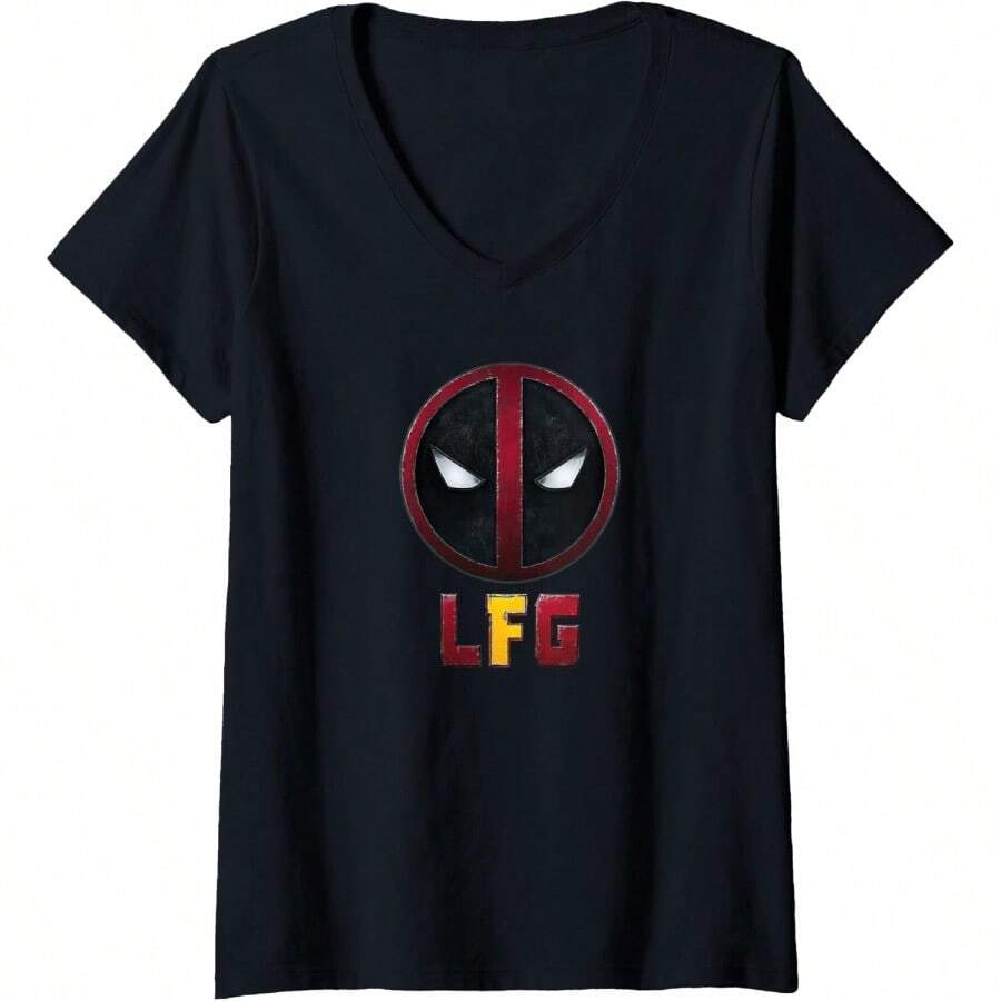 SLAWWomens Deadpool And Wolverine LFG Belt Buckle Face Logo V-Neck T-Shirt - Black - View 1