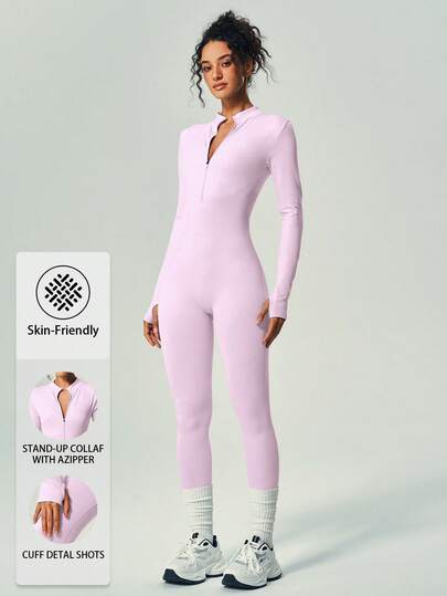 UONNOU 一件式蜜桃色无缝连体裤，提臀塑形，全身塑形，半拉链领口，长袖带拇指孔，适合运动、滑雪、骑行、健身、瑜伽、室内/户外活动、休闲穿着，罗纹针织面料，秋冬季款