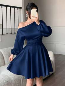 abyoxi Women's Navy Blue Elegant Sexy Asymmetric Neck Puff Long Sleeves Ruffle Hem Satin Mini Dress With Waist Ruched Design, Sexy Romantic, Party, Date, New Year, Valentine's Day, Spring Summer Fall Short Dresses - Navy Blue - View 7