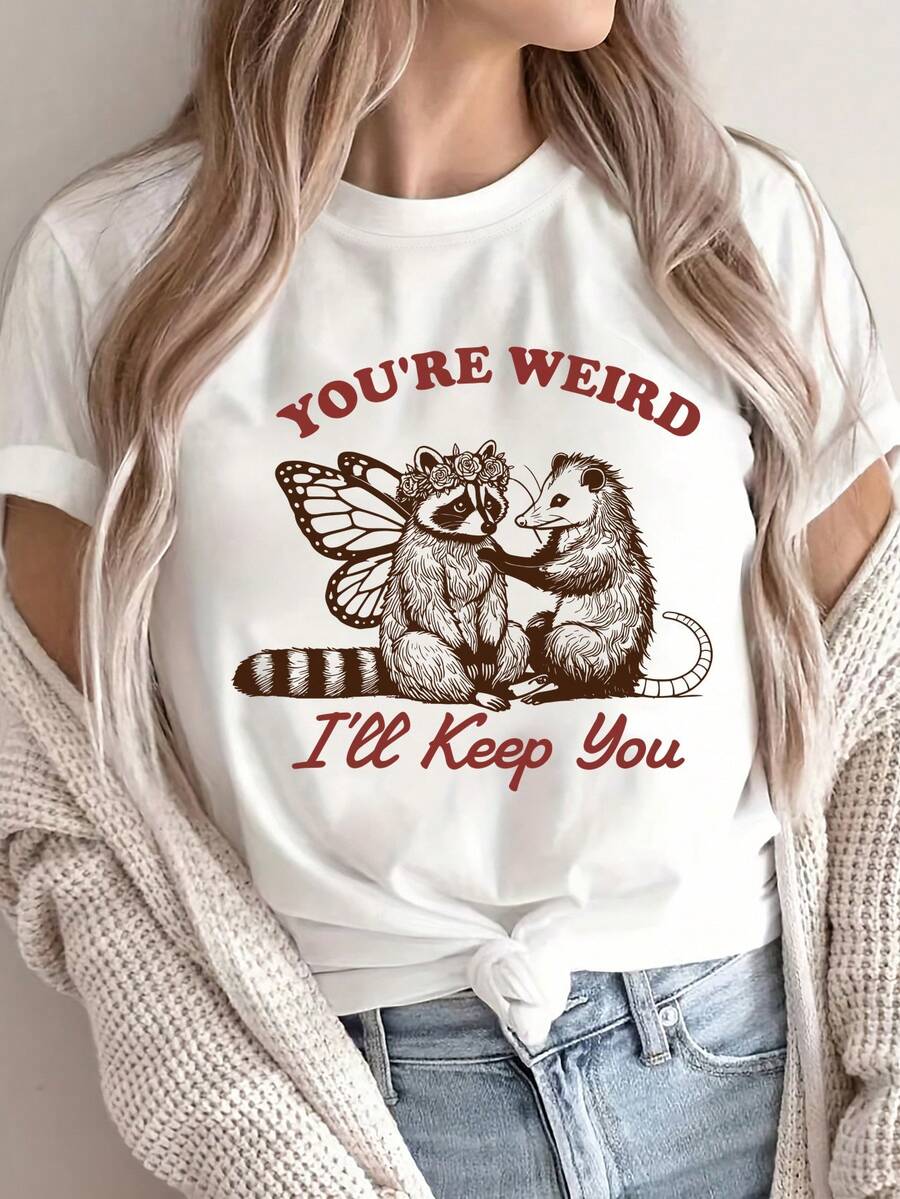 Camiseta de Impresión Gráfica, Tops Casuales de Manga Corta y Cuello Redondo, Ropa de Mujer - Blanco - Ver 1