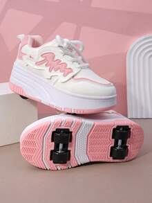 Kids' Roller Skate Shoes With 4 Wheels, Detachable Wheeled Sneakers, Lace-Up Heelys Roller Shoes, Fashion Casual Shoes For Boys And Girls - Pink - View 6