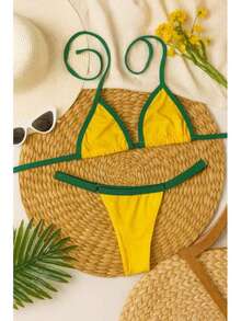 Summer Fashion String Bikini – No Padding, Adjustable Bottom With Regulator - 黃綠相間的絲帶 - 查看 2