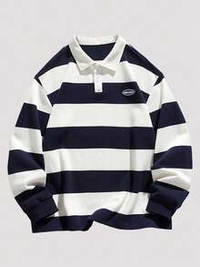 Open Phase 男士条纹印花字母拼接高领卫衣 - 藏蓝色 - 查看 1