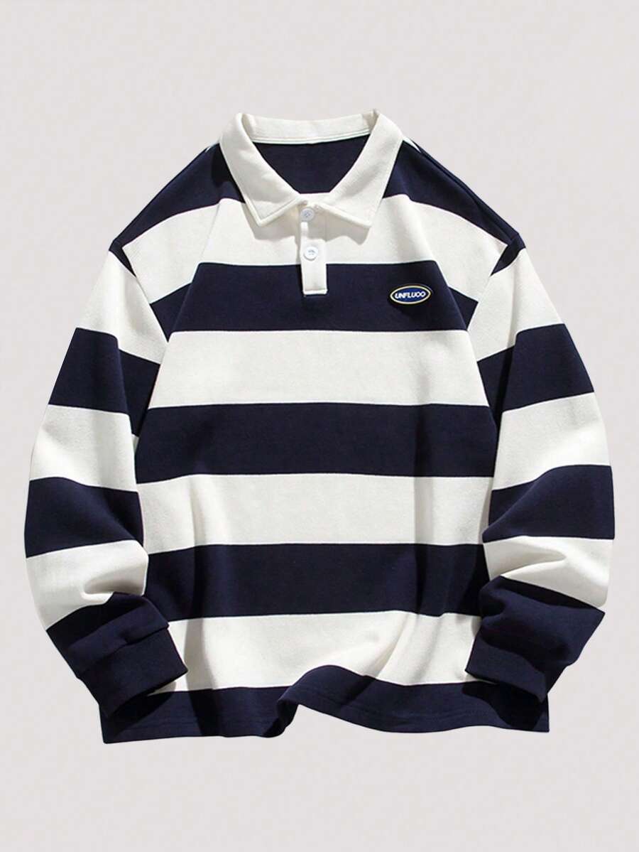 Open Phase 男士条纹印花字母拼接高领卫衣 - 藏蓝色 - 查看 1