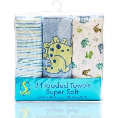 3 - Piece Hooded Towel Set and, Soft Terry Towels, Essentials, Blue Dino