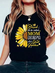 100% Cotton Women's Casual Vintage Graphic Print Crew Neck Mother's Day T-Shirt - Black - View 5