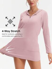 HOTSUIT Women's Hooded Long Sleeve Shirt With Pockets, Half-Zip Design, Suitable For Lightweight Outdoor Sports Like Running And Fishing In Summer - Pink - View 3