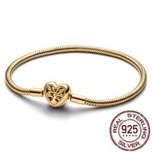 925 Sterling Silver Gold Color Heart & Snake Bone Style Bracelet, Suitable For DIY, Women's Birthday, Wedding, Fashion Jewelry Gift - Silver - View 26