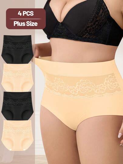 MEIYATING 4pcs/Pack Plus Size High Waist Shaping Women's Panties, Rose Pattern Mesh Breathable Briefs