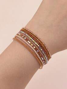 8pcs/Set Ultra-Thin 2mm Crystal Beads Bracelet, Multi-Color Minimalist Bracelet, Fashionable Versatile For Women, Suitable For Holiday, Party And Gathering - Coffee Series*8PCS - View 4