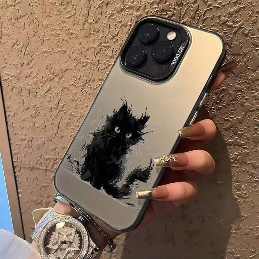 Nueva Funda Compatible con iPhone 17 de Gato Negro Tinta Apple 15 Pro Max/14 Japonesa Coreana 13 Pro 16 Europea Americana - Estuche plateado - Rosa - Gato negro tinta (adj) - Ver 1