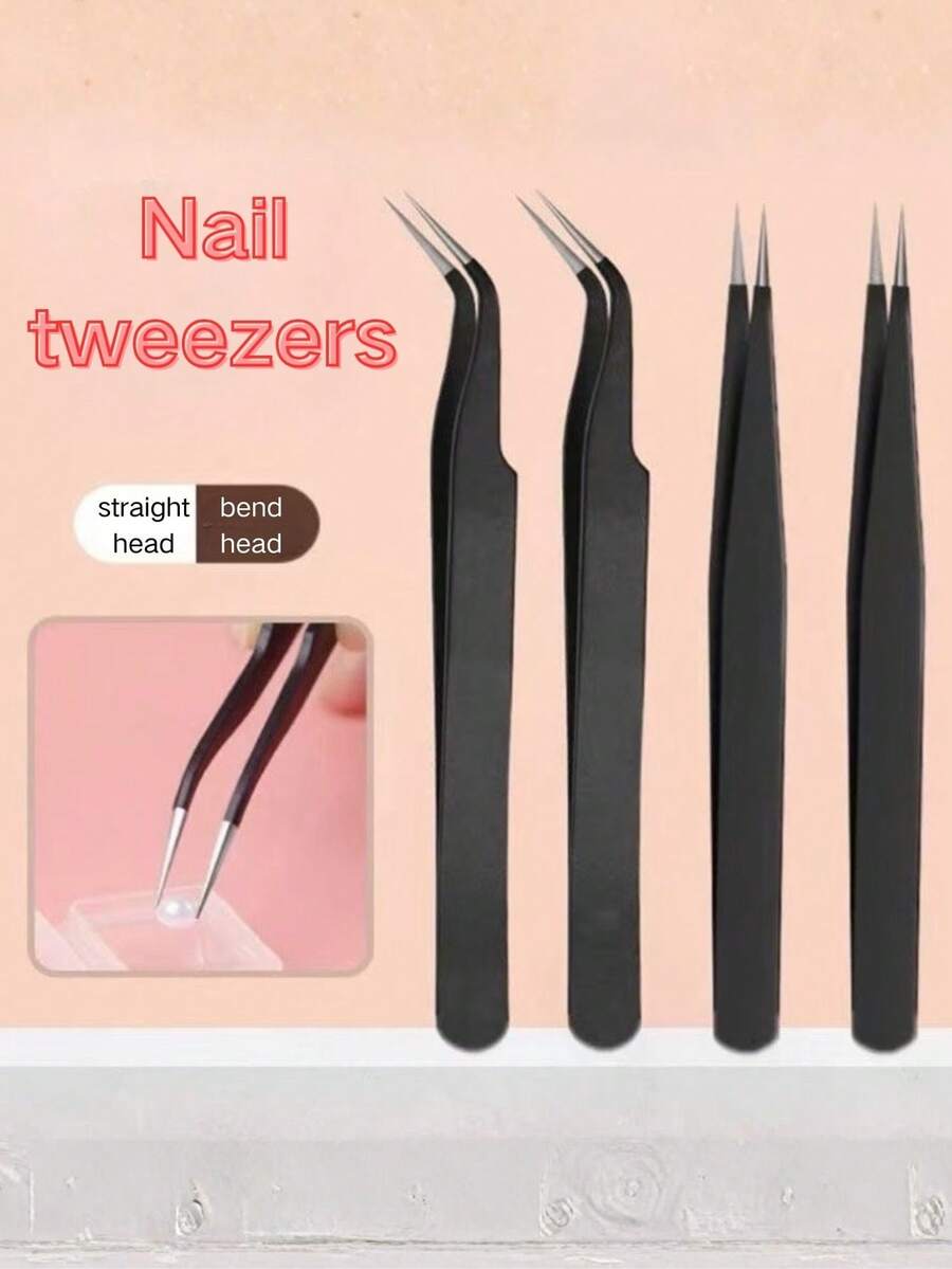 1/2pcs Stainless Steel Black Anti-Static Thickened Angled Tweezers, Handmade DIY Planner & Nail Art Specialized Tool, Precise Grip Anti-Slip Durable Multi-Functional Handicraft Auxiliary Tool, Practical - Black - View 1