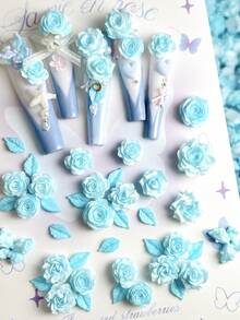 30件套3D蓝色玫瑰、牡丹、蝴蝶和叶子树脂仿真花美甲装饰DIY - 藍色 - 查看 5