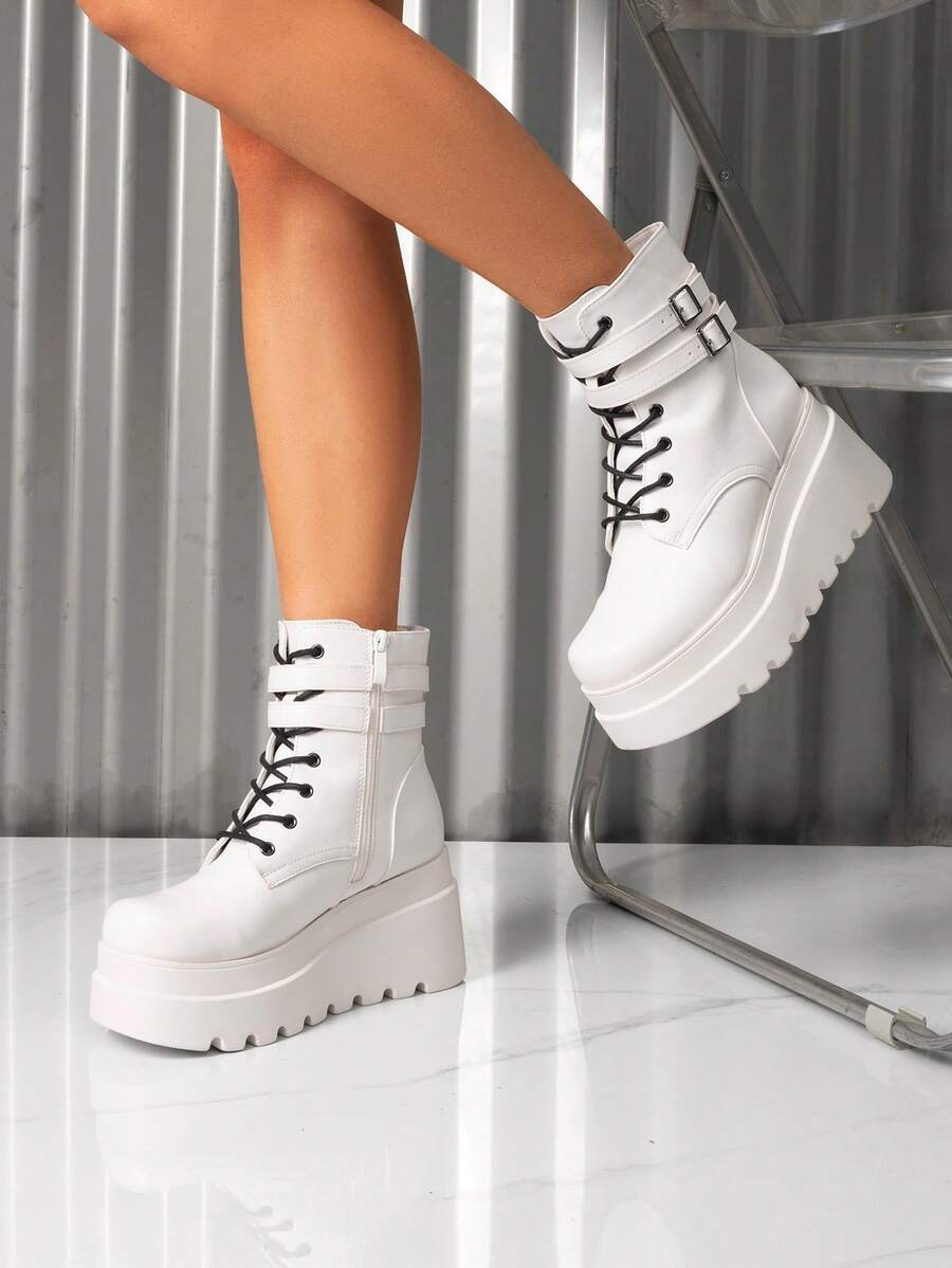 Women Platform Combat Ankle Boots Goth Chunky High Heel Lace Up Motorcycle Booties - White - View 1