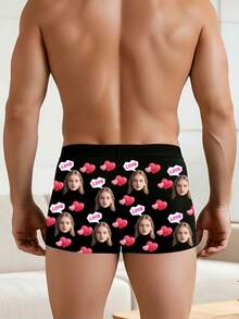 1pc Men's Customized Face & "LOVE" Heart Print Black Breathable Fabric Romantic Funny Boxer Briefs, Suitable For Valentine's Day/Gift Occasions - Multicolor - View 2
