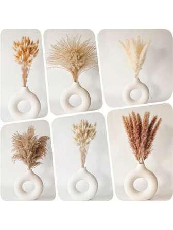 120pcs Dried Pampas Grass & Rabbit Tail Flowers Decor, Reed Bouquets For Weddings, Bohemian Flowers, Home Table Decorations, Country Farmhouse Parties (White And Brown, Vases Not Included)