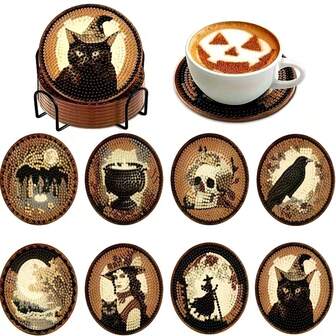 5D Diamond Painting Coaster Set With Stand - 8pcs DIY Round Diamond Art Kit, Non-Slip Wooden Craft Coasters, Suitable For Adults [With Stand] 1 Set Of 8pcs, 70 Sets Of 560pcs