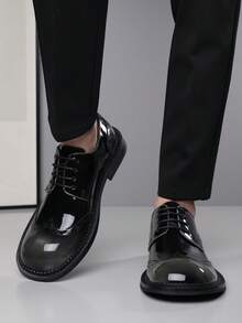 1 Pair Men's Round Toe Low-Top PU Leather Upper Rubber Sole Comfortable Lace-Up Brogue Shoes, Suitable For Office And Casual Wear - Grey - View 4