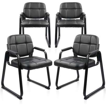Waiting Room Guest Chair With Bonded Leather Padded Arm Rest For Office Reception And Conference Desk Black With Sled Base 4 Pack