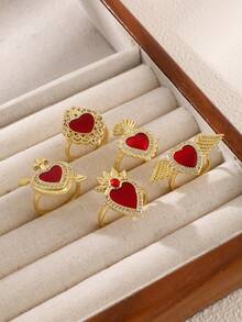 1pc Fashionable Creative Elegant Design Copper Inlaid Synthetic Asymmetric Teardrop Heart Ring, Suitable For Women, Sisters, Couples As Jewelry Gift, Also Suitable For Valentine's Day, Daily Gathering, Date, Party, Banquet, Wedding, Holiday, Summer Beach Vacation And Other Occasions, Red Accessory - Ring - View 4