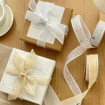 Golden Beige Glittery Gift Ribbon ,Luxury Glitter Gift Ribbons - Durable Polyester Filament Ribbons With Shiny Golden & Glitter, No Burrs,Elegant Decorative Wrapping Tape For Birthday, Wedding, Christmas, Valentine's - No Fray, Durable Polyester Ribbon For Present Packaging, Floral Arrangements, Party Decorations