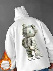 Zrgoth 男士休闲连帽衫，全新秋冬设计，融入熊和美元元素，宽松袋鼠口袋抓绒卫衣，引领时尚潮流 - 白色 - 查看 2