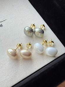 3 Pairs Retro Minimalist Elegant Geometric Square Faux Pearl Stud Earrings, Unique High-End Cute Elegant Earrings Set, Suitable For Women's Daily And Holiday Wear - Multicolor - View 12