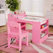 Mesa de arte para niños, mesa grande de manualidades con 2 sillas, escritorio multifuncional con estantes para habitación infantil, jardín de infancia, sala de juegos y escuela - Rosa - Ver 7