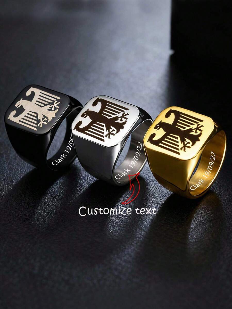 1pc Customized Stainless Steel Cast Ring With Eagle National Emblem Design, Black/Silver/Gold Color Ring, Men's Jewelry Gift For Boyfriend, Family, Personal Commemoration - Multicolor - View 1