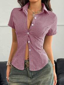 Y2K Preppy Style Women's Cotton Fitted Collared Short Sleeve Shirt, Button Closure, Purple Plaid Schoolgirl Blouse, Summer, Valentine's Day - Red Violet - View 6
