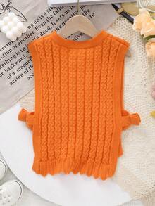 Young Girl Round Neck Knitted Solid Color Pullover Sweater Vest With Bow Design, Suitable For Spring, Summer, Autumn - Orange - View 6