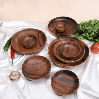 1 pieza Bandeja de madera de palo de rosa, Ensaladera de madera profundizada y engrosada, Bandeja de frutas y aperitivos para el hogar, Plato redondo de madera, Utensilios de cocina