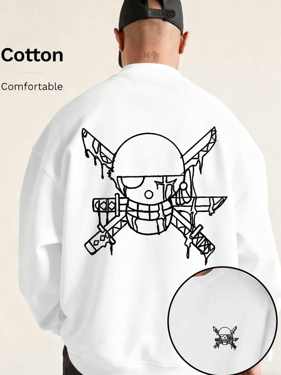 1 Áo nỉ chui đầu màu đen cho nam, Áo đôi Unisex, Áo nỉ cổ tròn lót nhiệt, Trang phục thường ngày khi trở lại trường, Mùa thu/Đông, Họa tiết in, Thiết kế bộ xương Anime, Phù hợp với người hâm mộ Anime, Phong cách phổ biến - trắng - Xem 1