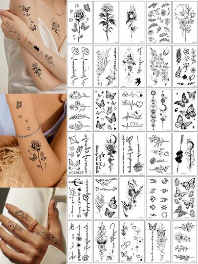 30 قطعة وشم مؤقت صغير بتصميم أسود مقاوم للماء، أشكال فراشة وسماء مليئة بالنجوم وزهور وقلوب، مناسبة للرجال والنساء، وشم مؤقت للاستخدام على اليد والساق والذراع والوجه والأصابع والرقبة والجسم