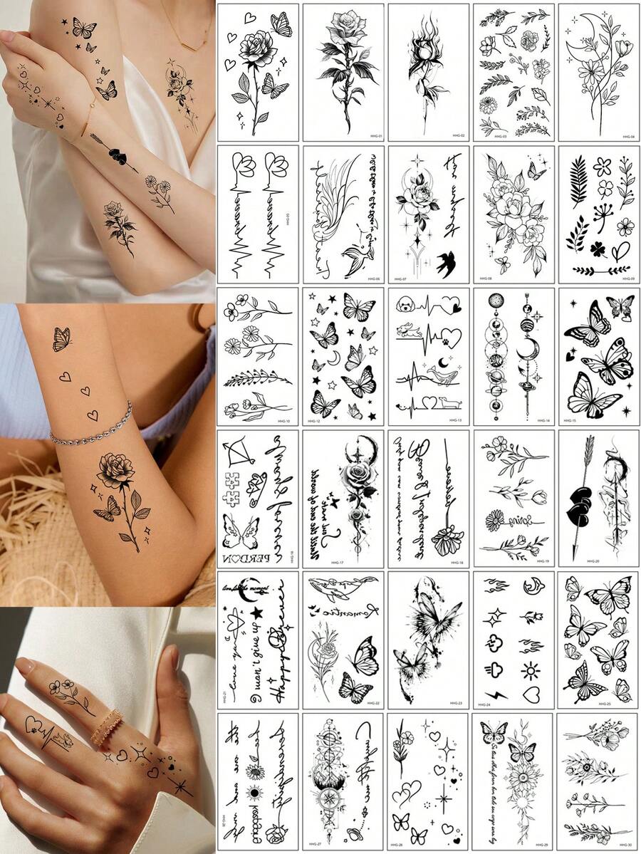 30张防水黑色小号图案临时纹身贴纸，蝴蝶、星空、花朵、爱心纹身图案，男女通用，一次性假纹身，可用于手、腿、手臂、脸、手指、脖子和身体其他部位。 - 黑色 - 查看 1