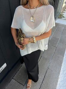 女士性感蝙蝠袖针织露脐上衣，沙滩风，适合圣诞节和新年穿着 - 杏色 - 查看 3