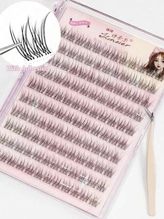 120Clusters Self Adhesive Eyelashes Natural Look Pre Glued Lashes 10-12mm DIY Eyelash Extension Set With Tweezers Wear No Glue Needed Eyelash Suitable For Daily Use Japanese & Korean Makeup Tools