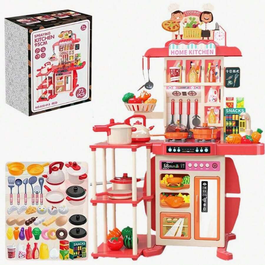 Juego de 73 piezas de juguetes de cocina para niños de 95cm,Este juego de cocina infantil incluye vapor realista, efectos de sonido, luces, fregadero y accesorios de comida realistas. Es ideal para niños en edad preescolar y un regalo de cumpleaños ideal. - Multicolor - Ver 1