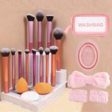 12pcs Multi-Functional Ultra Soft Makeup Brushes + Angled & Teardrop Makeup Sponges + 1pc Round/Teardrop Makeup Powder Puff, 20pcs Makeup Tools For Quick Application - Pink - View 6