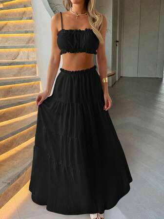 Look Polly Women Clothes For New Year Two Pieces Sets,Solid Color Strapless Camisole Top And Long Skirt,Summer Women Dresses Back To School Clothes, Fall Women Clothes Church Dress For Women Vacation Style Concert Outfits For Women Causal,Bohemian Blackvacation Style Lounge Sets For Women Beach Dresses Beach Set